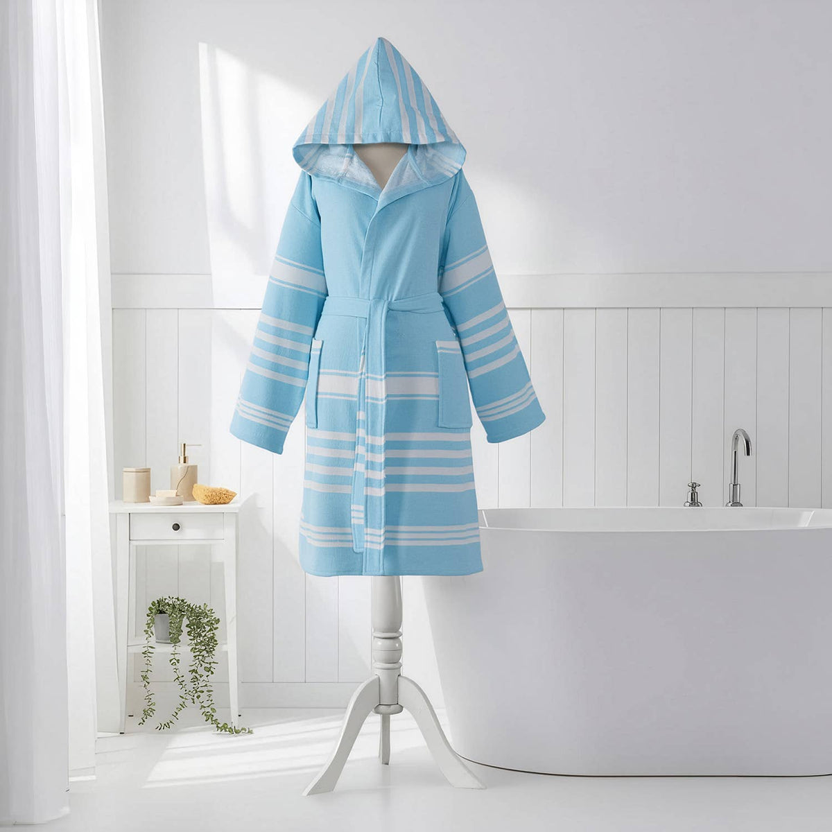 Terry-backed Turkish bathrobe in pastel stripe – hooded | Kikoya