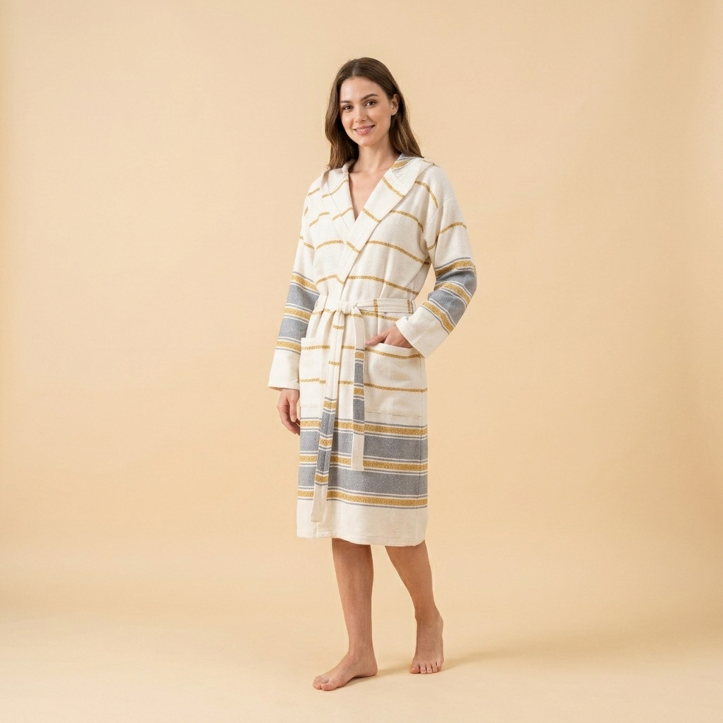 Bohemia Turkish Cotton Bathrobe – Hooded Kimono, 100% Cotton