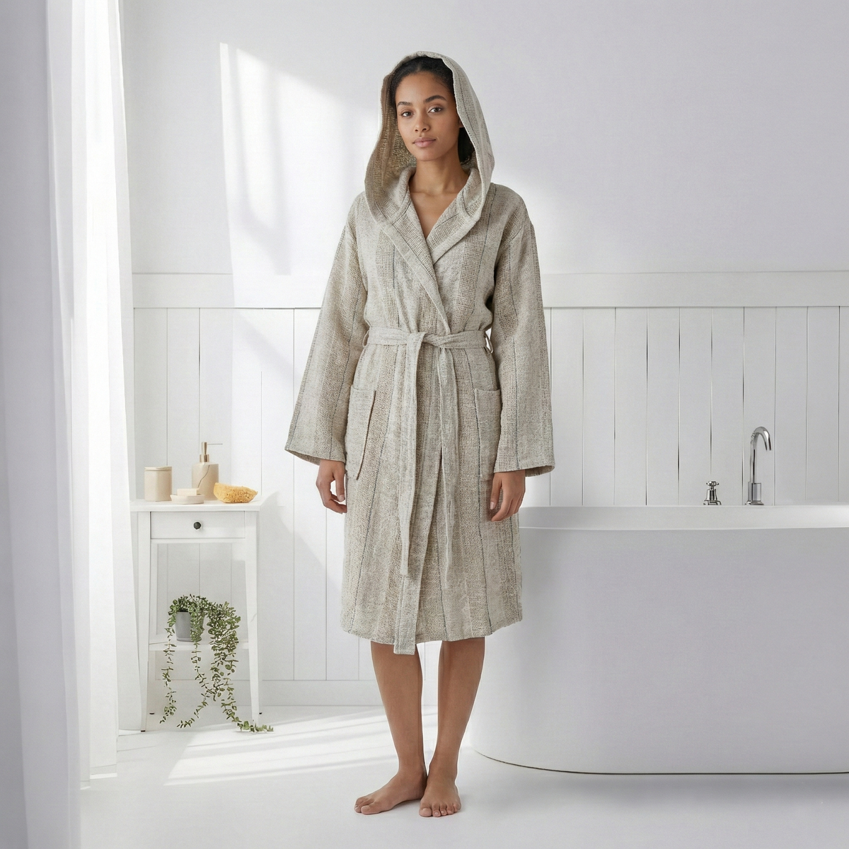 Textured Turkish cotton bathrobe in natural linen look – hooded | Kikoya