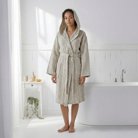 Textured Turkish cotton bathrobe in natural linen look – hooded | Kikoya