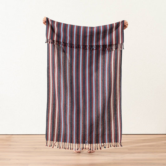 Premium Rustic Turkish beach towel – Burgundy & Sky Stripe | Kikoya