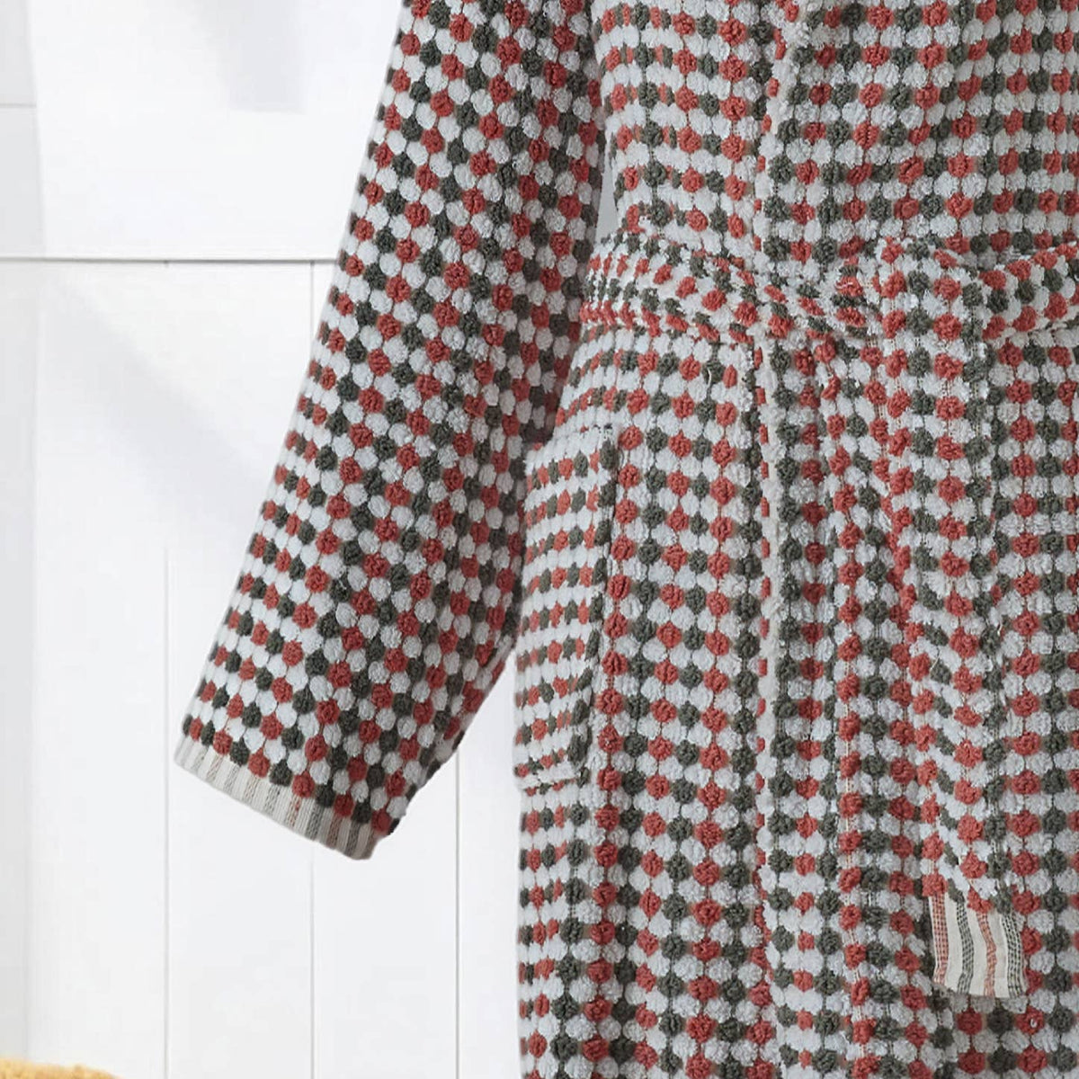 Pompom Turkish bathrobe – Khaki & Brick, Hooded, styled view | Kikoya