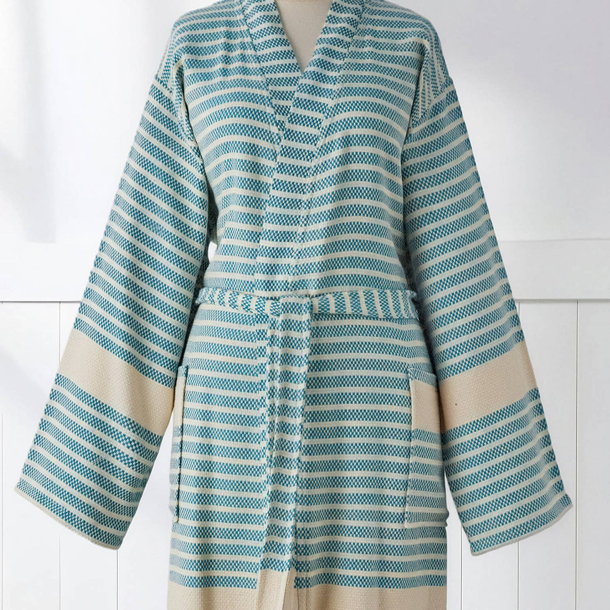 Midas Turkish cotton bathrobe in green stripe – kimono | Kikoya