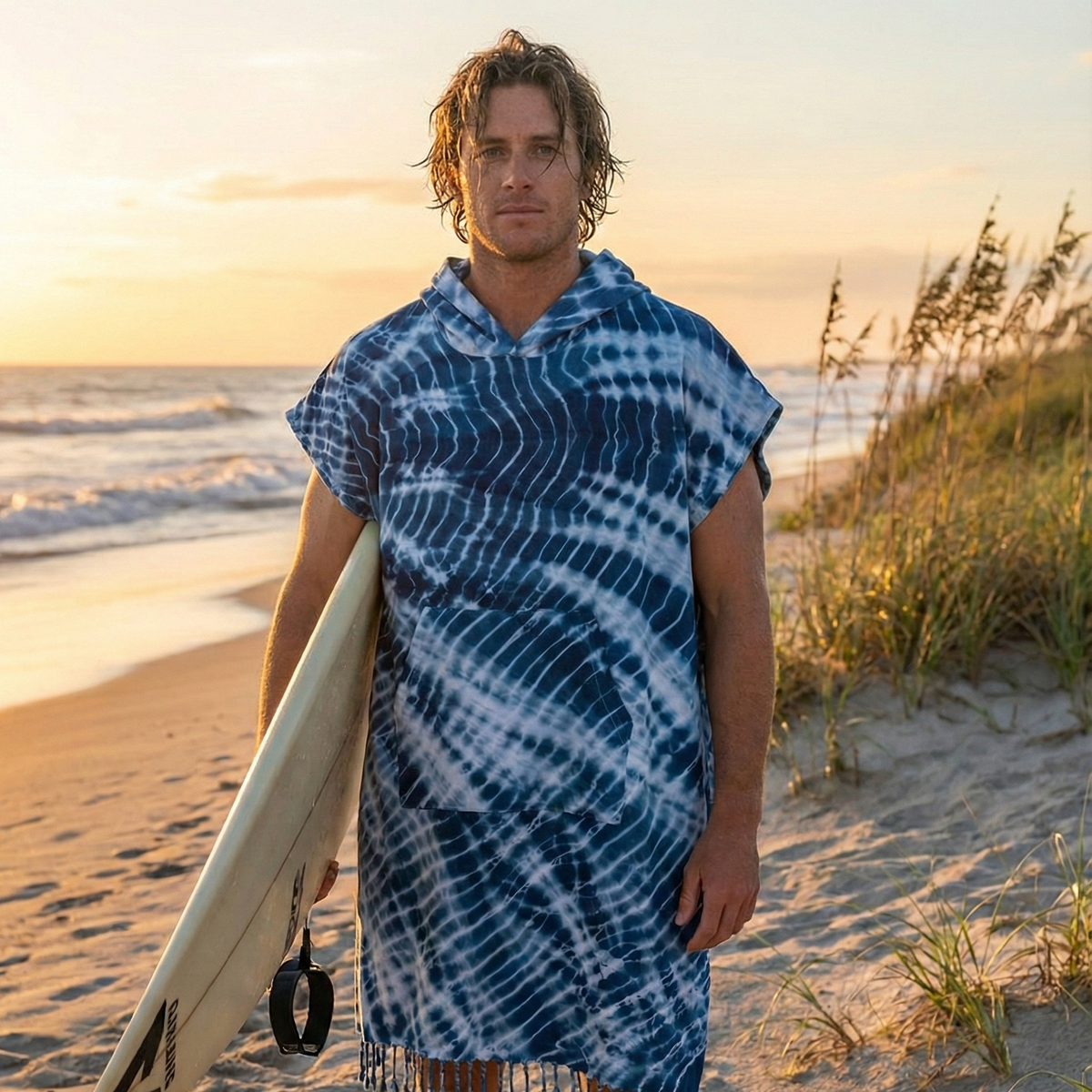 Shibori Adult Hooded Changing Poncho – Indigo Tie-dye, styled view | Kikoya
