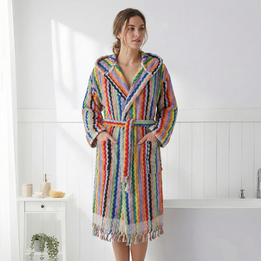Pompom Turkish bathrobe – Zigzag Multicolor, Hooded, front view | Kikoya