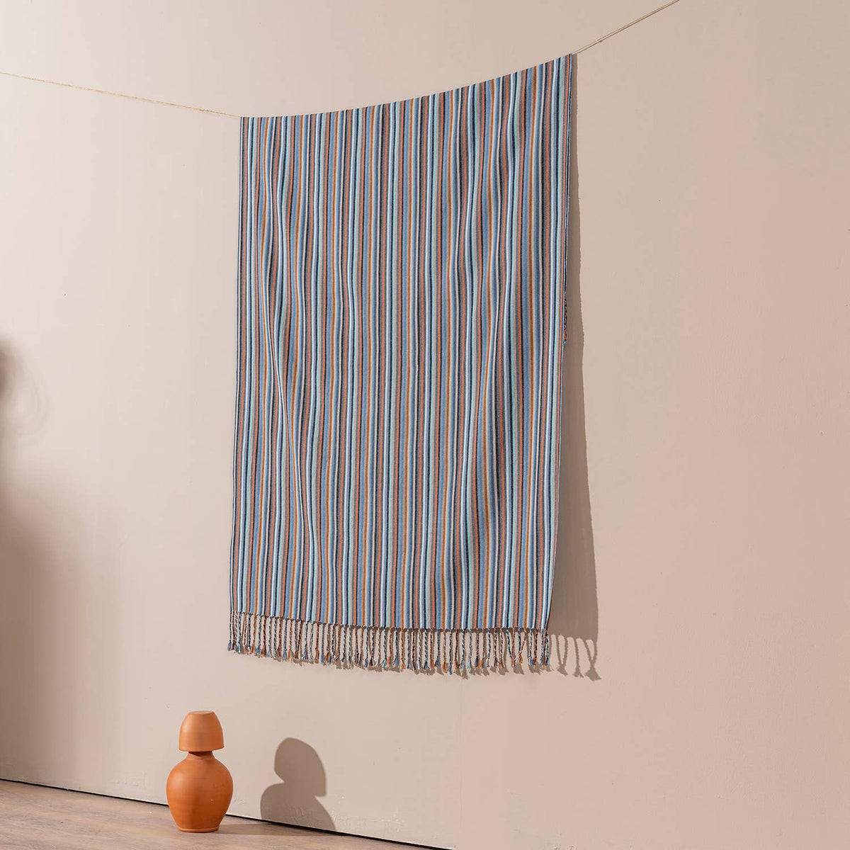 Rust & Denim Stripe Turkish towel, woven texture close-up | Kikoya