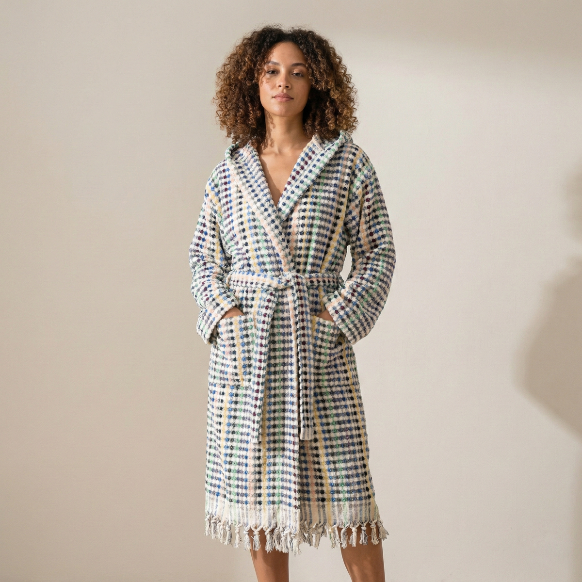 Pompom Turkish bathrobe – Multicolor Melange, Hooded, front view | Kikoya