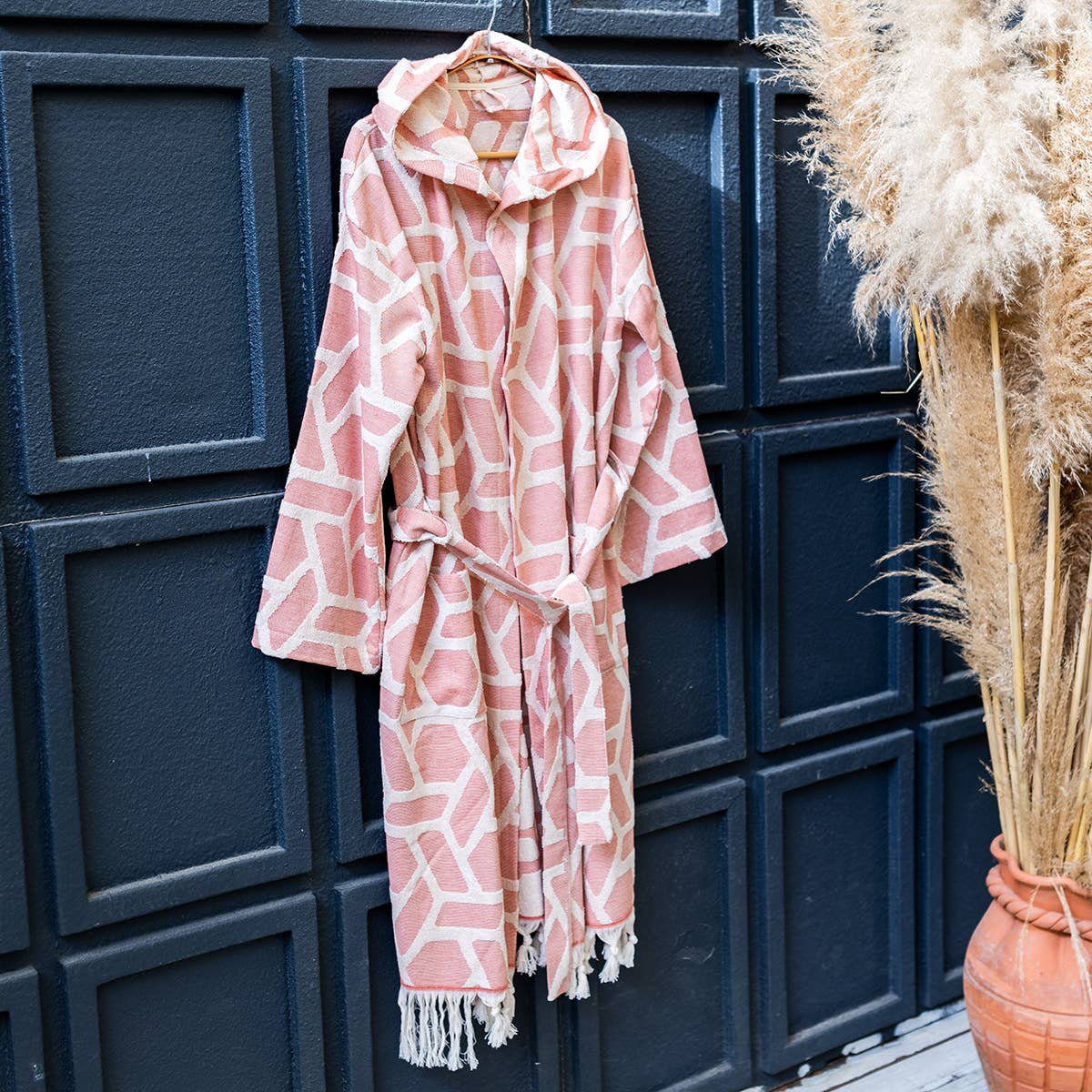Aztec raised terry Turkish bathrobe in dusty rose, hooded | Kikoya