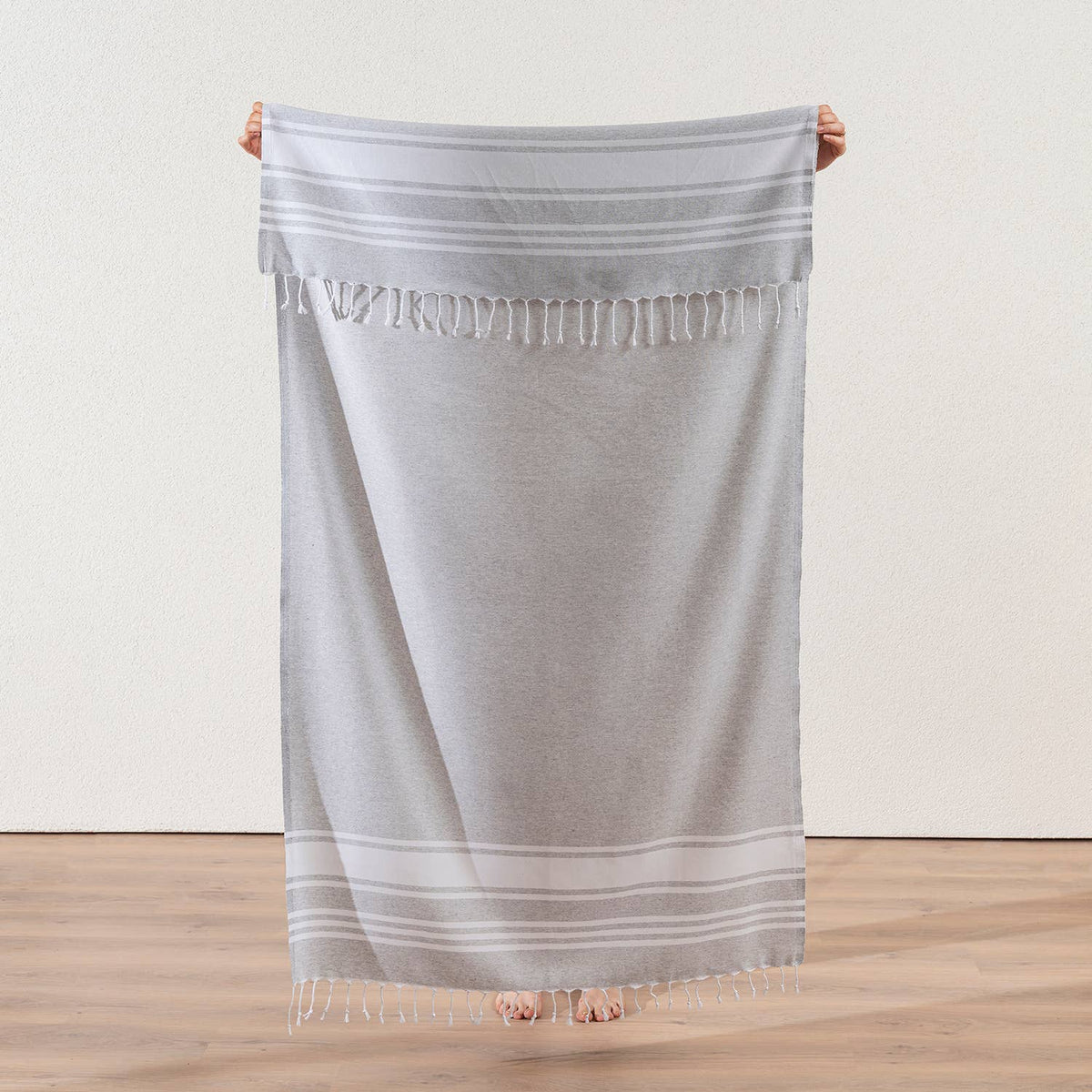 Fine stripe Turkish beach towel on cream, 33x66 in, flat-woven peshtemal | Kikoya