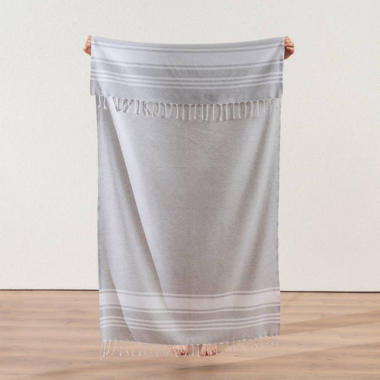 Fine stripe Turkish beach towel on cream, 33x66 in, flat-woven peshtemal | Kikoya