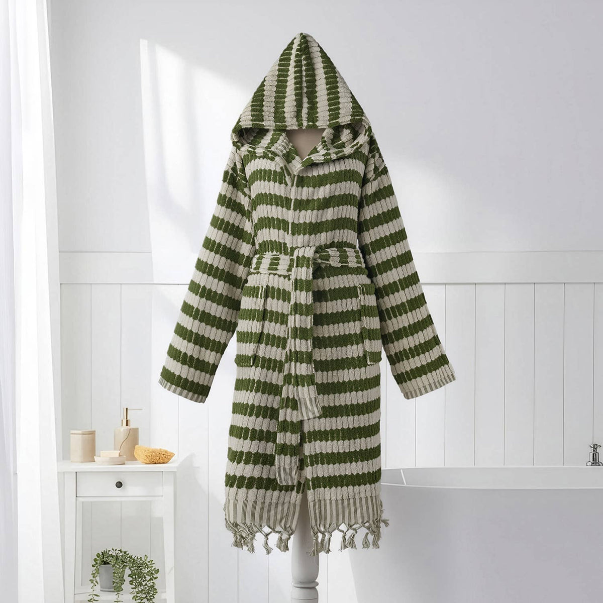 Pompom Turkish bathrobe – Lokum Khaki, Hooded, full-length view | Kikoya