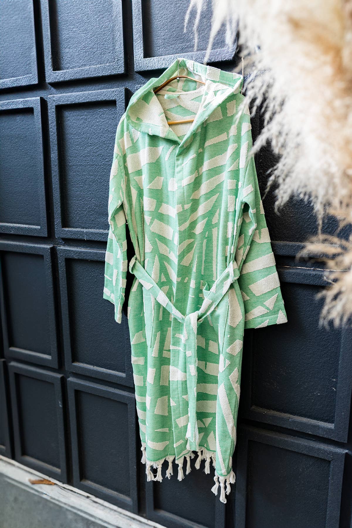 Fronds raised terry Turkish bathrobe, hooded, palm-frond jacquard | Kikoya