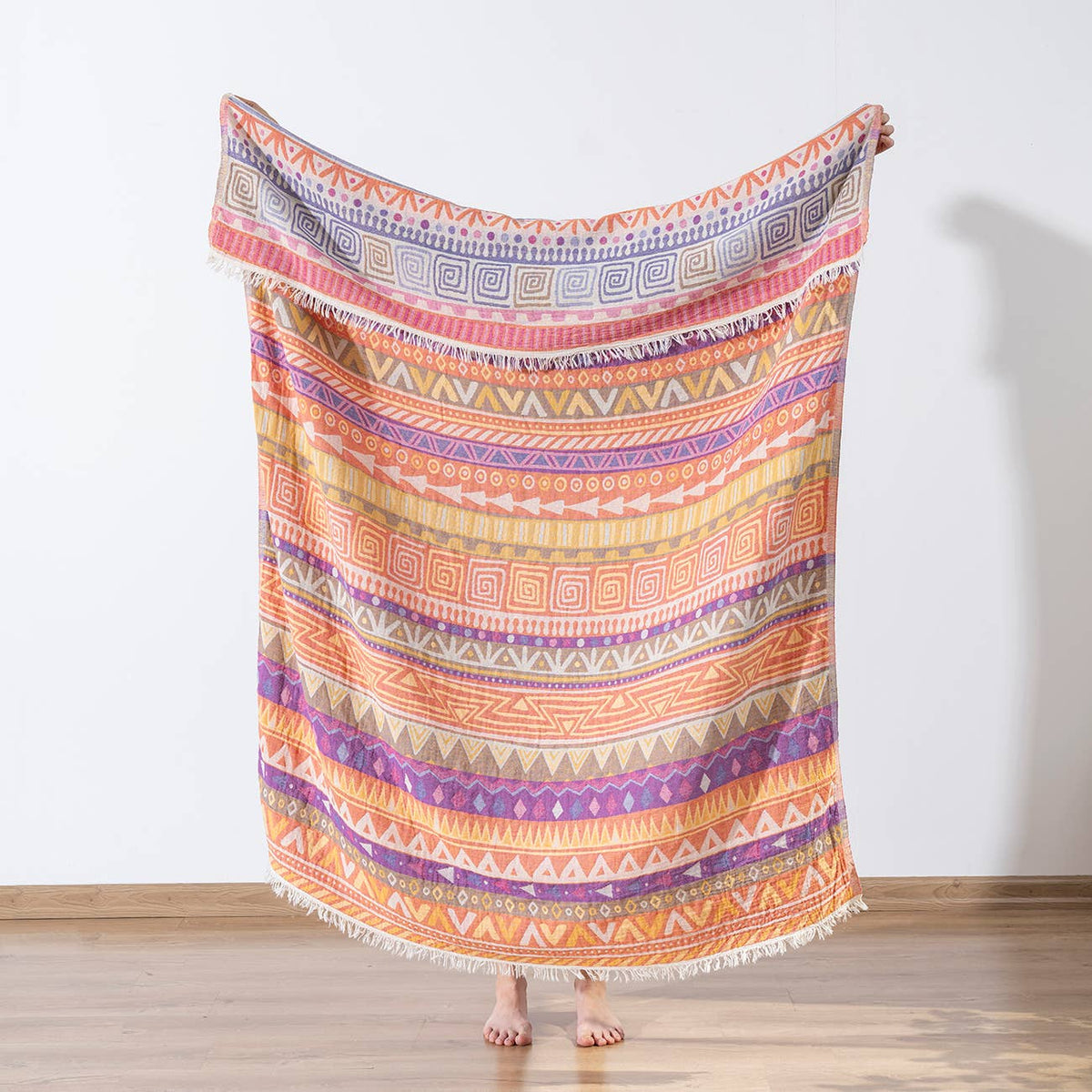 Ethnic Turkish cotton throw blanket – tribal stripe, Pink & Purple, full length view | Kikoya