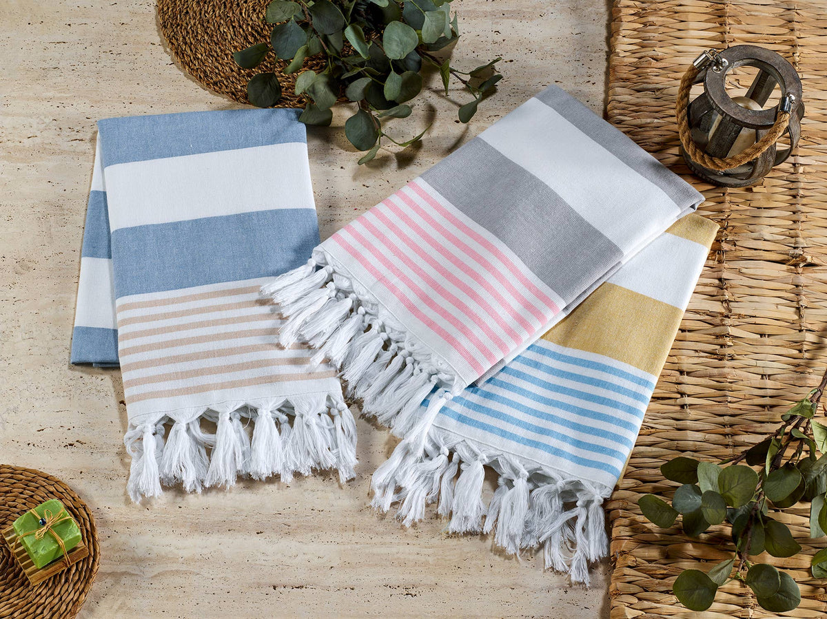 Mediterranean terry-backed Turkish towel in two-tone block stripe, 35x70 in | Kikoya