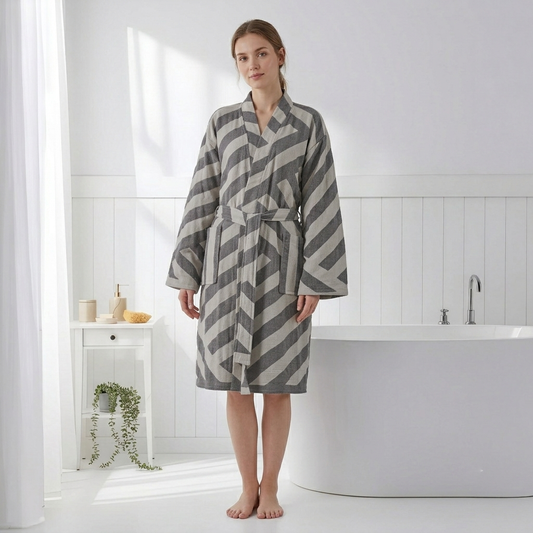 Harmony Turkish kimono bathrobe – Grey diagonal stripe | Kikoya