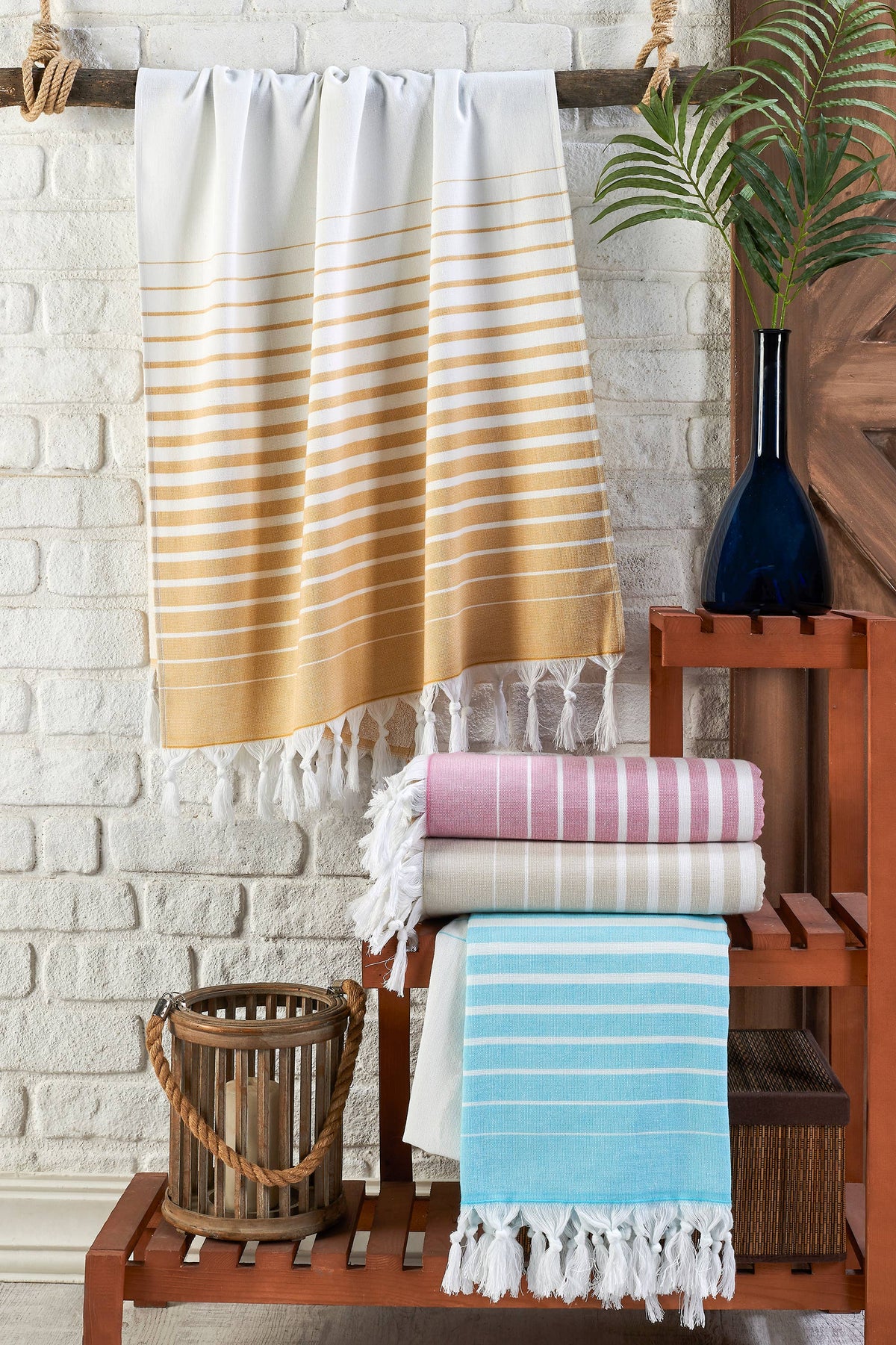 Paradiso terry-backed Turkish towel in two-tone stripe with tassel fringe, 35x70 in | Kikoya