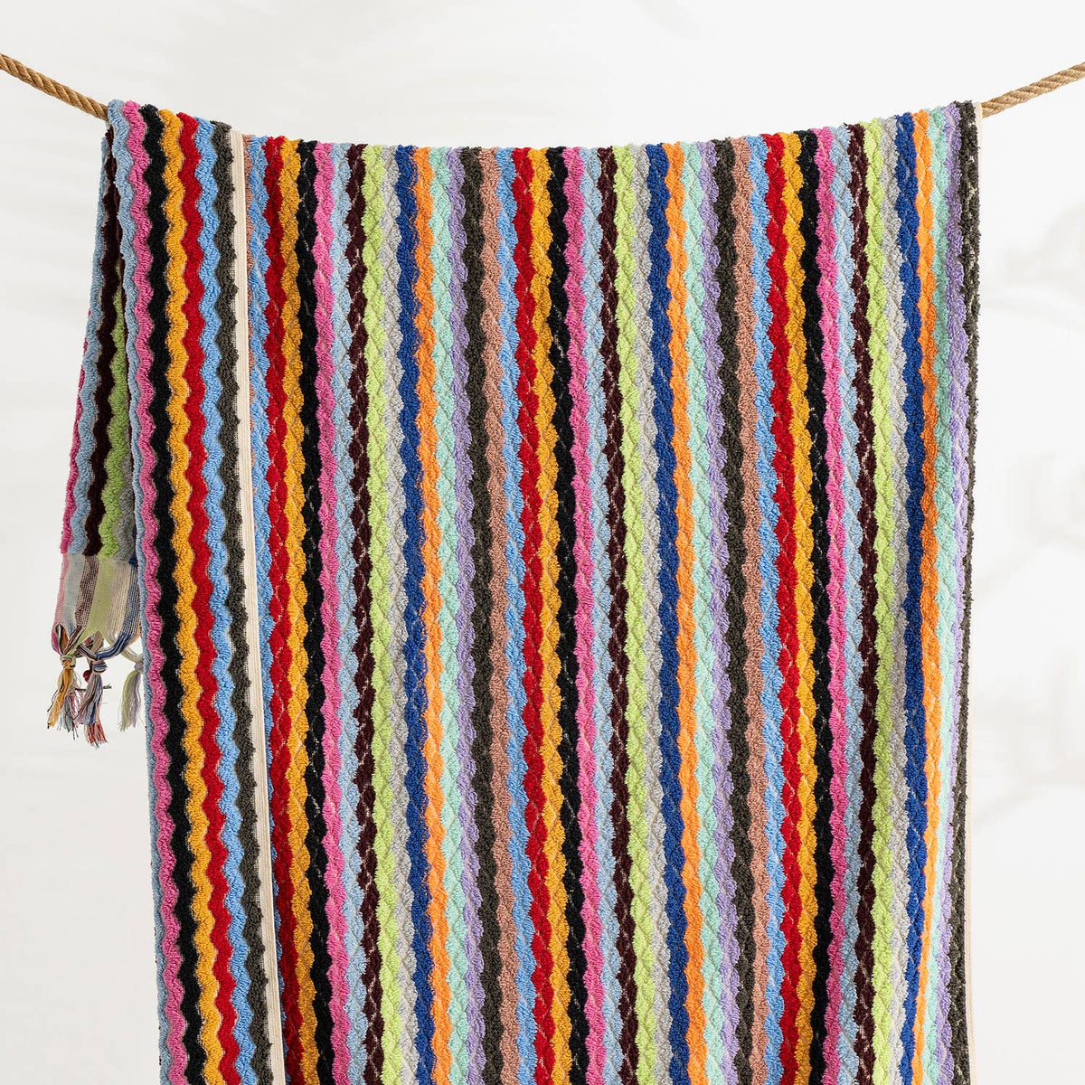Pompom zigzag Turkish bath towel, 35x68 in, handloomed chevron with pompom fringe | Kikoya