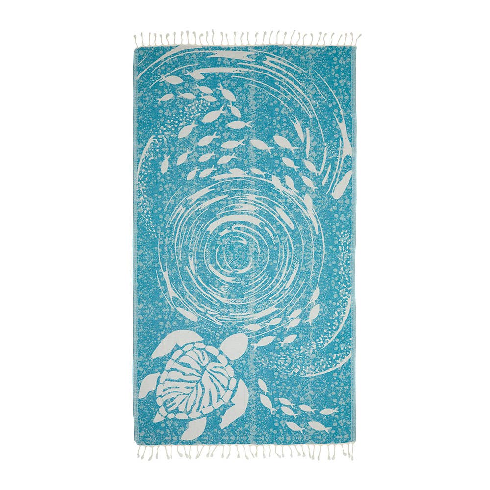Ocean Turtle Turkish beach towel with woven sea-turtle jacquard, 35x70 in | Kikoya