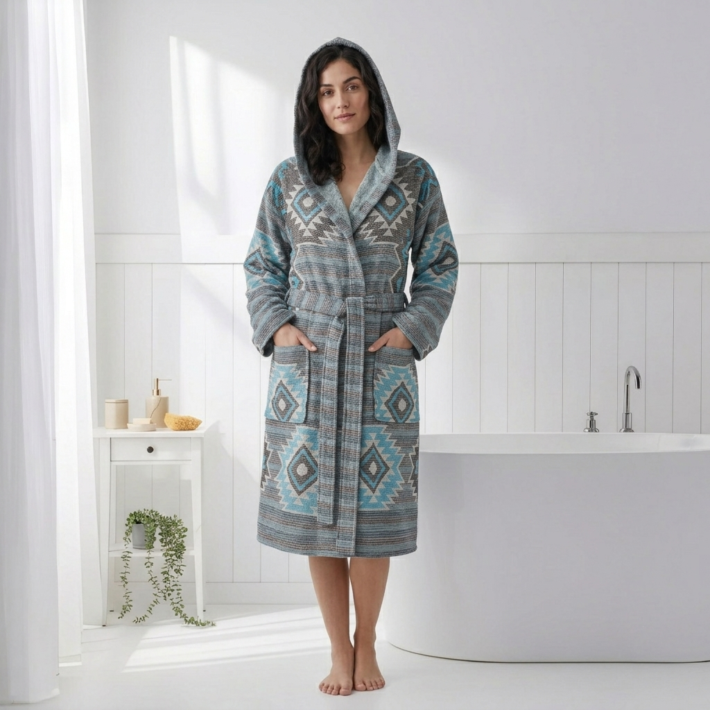 Kilim terry-backed Turkish bathrobe – hooded, multicolor | Kikoya