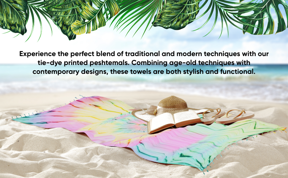 Tie-dye Turkish beach towel in pink, yellow and mint spiral, 33x65 in | Kikoya