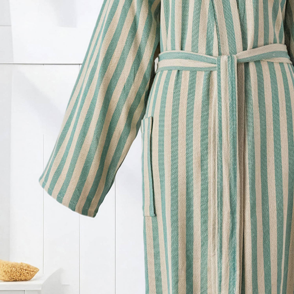 Sage green stripe Turkish cotton bathrobe – kimono, belted | Kikoya
