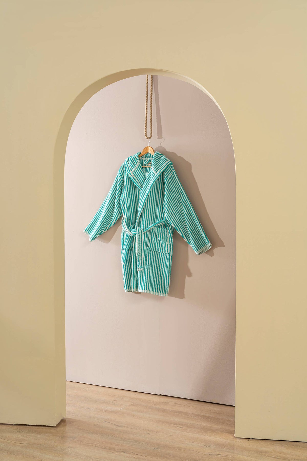 Pompom Turkish bathrobe – Green & White Stripe, Hooded, belt and pocket detail | Kikoya
