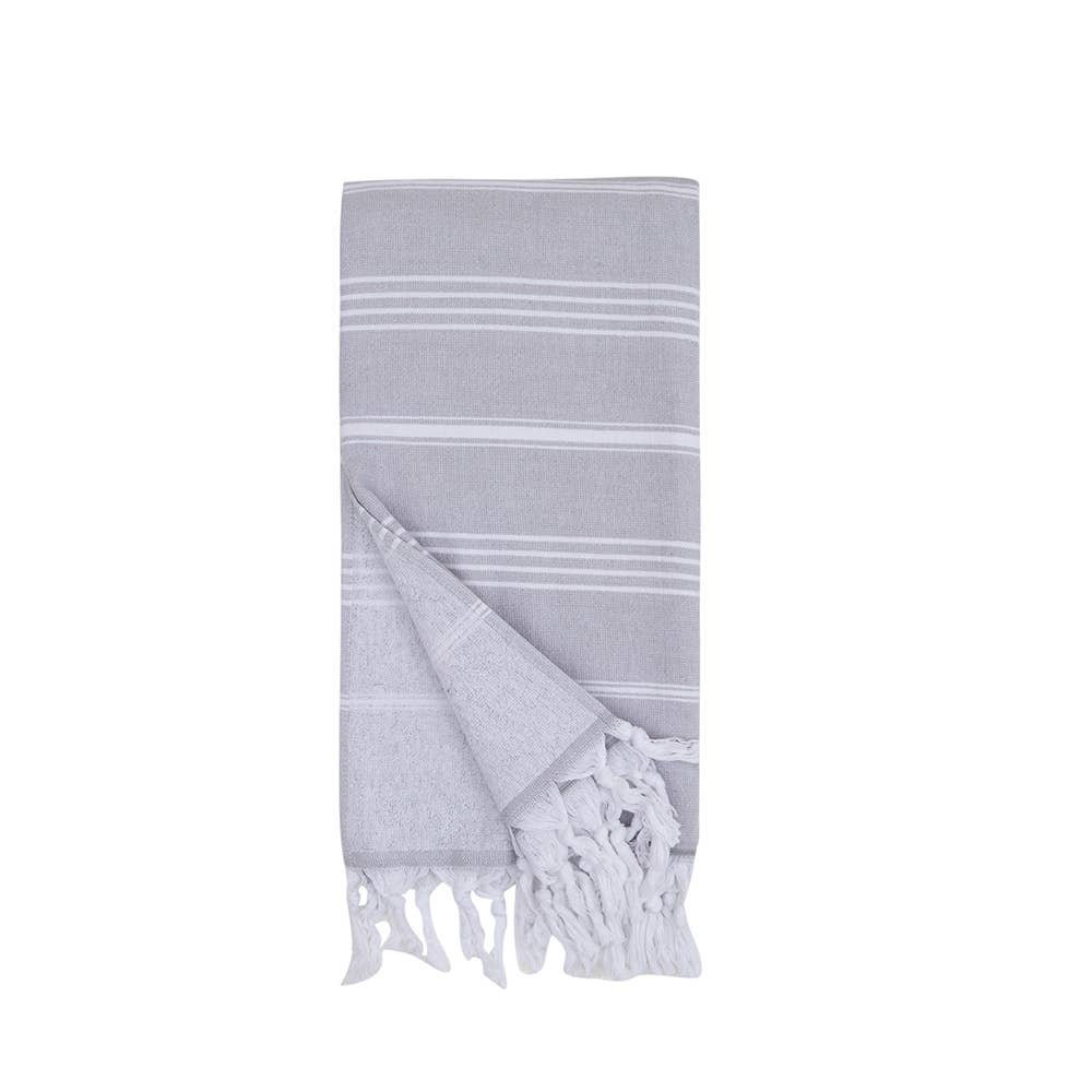 Classic terry-backed Turkish towel in wide stripe, flat face with brushed terry back | Kikoya