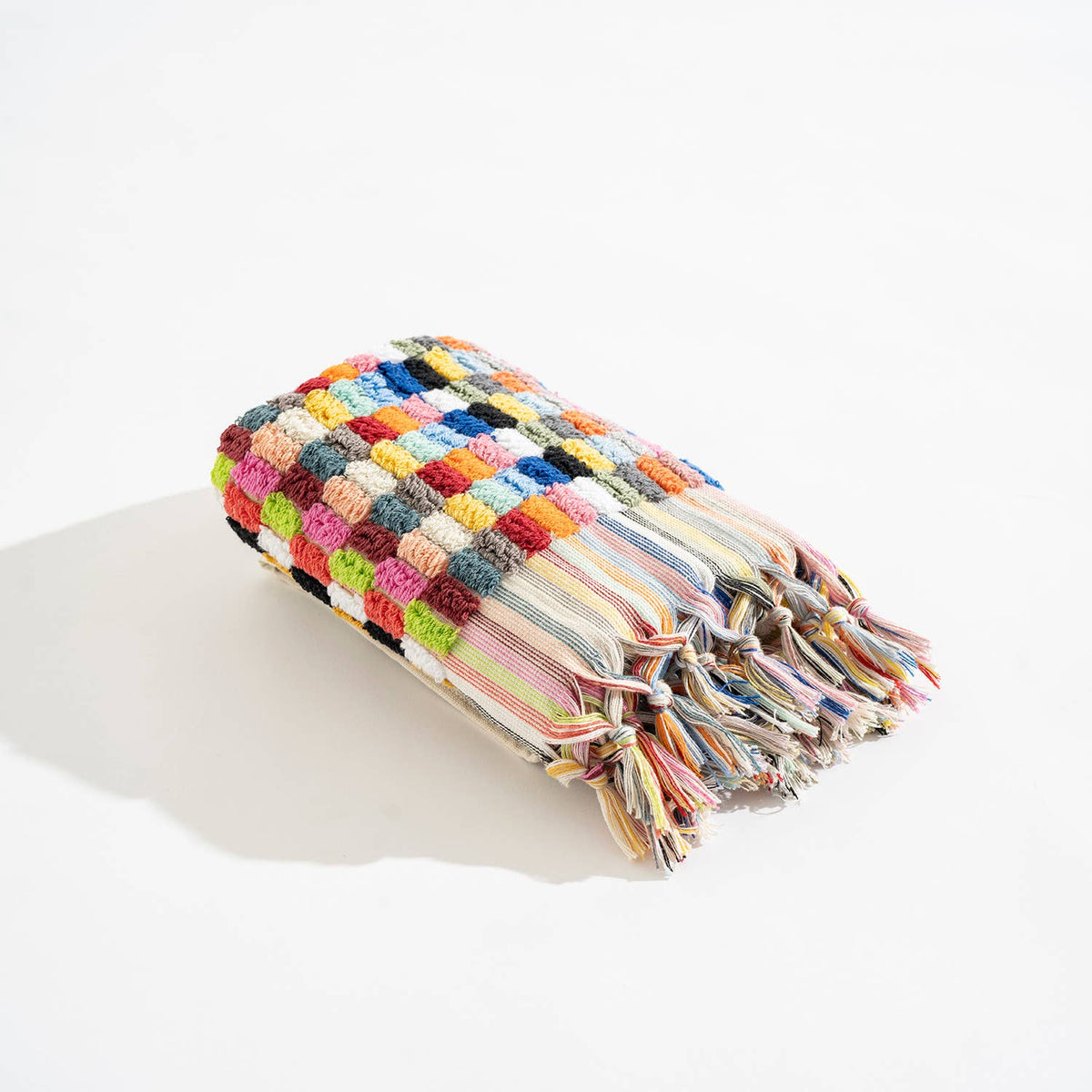 Lokum pompom Turkish hand towel, 17x38 in, handloomed check with pompom fringe | Kikoya