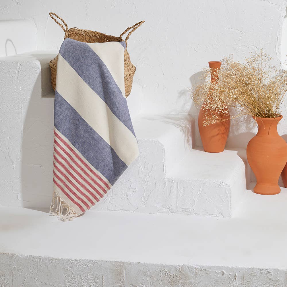 Mediterranean terry-backed Turkish towel in navy and red, 35x70 in | Kikoya