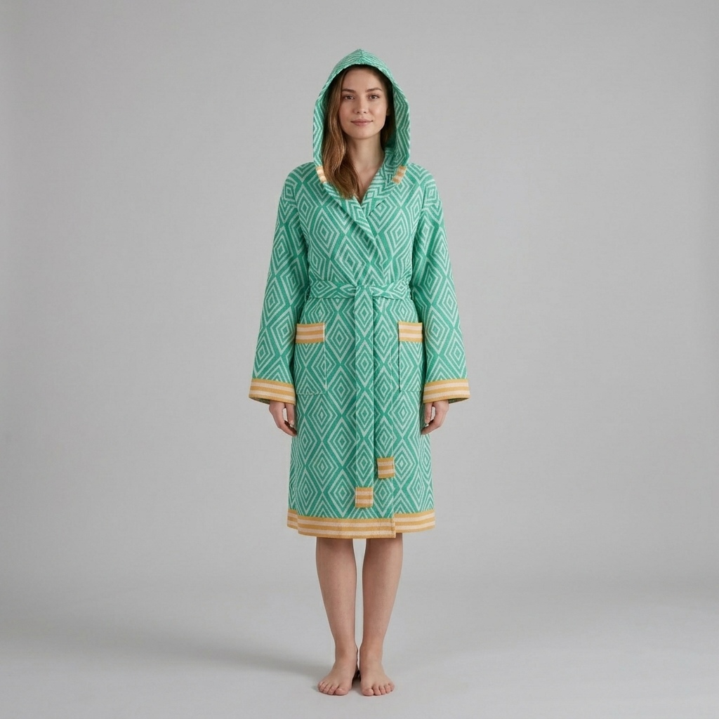 Diamond jacquard Turkish bathrobe – hooded, mustard trim | Kikoya