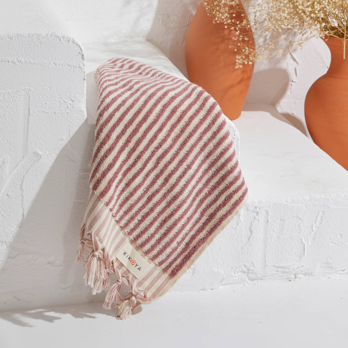 Handloomed Turkish hand towel with raised bubble stripe, 17x38 in | Kikoya