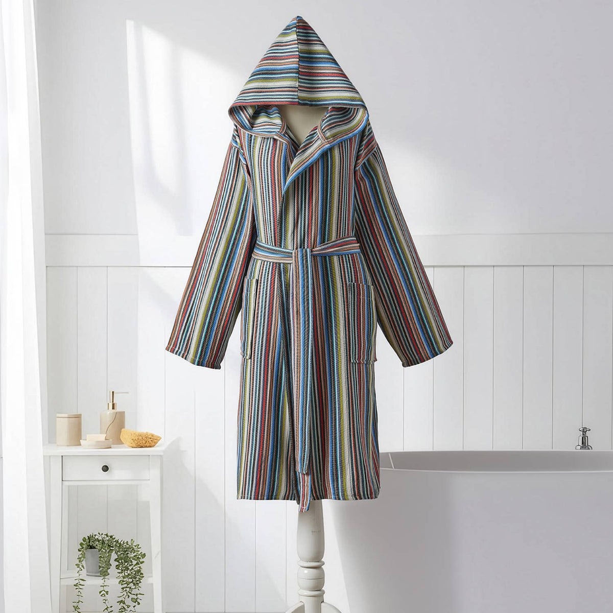 Antique Turkish hooded bathrobe – Cream Multi Stripe | Kikoya