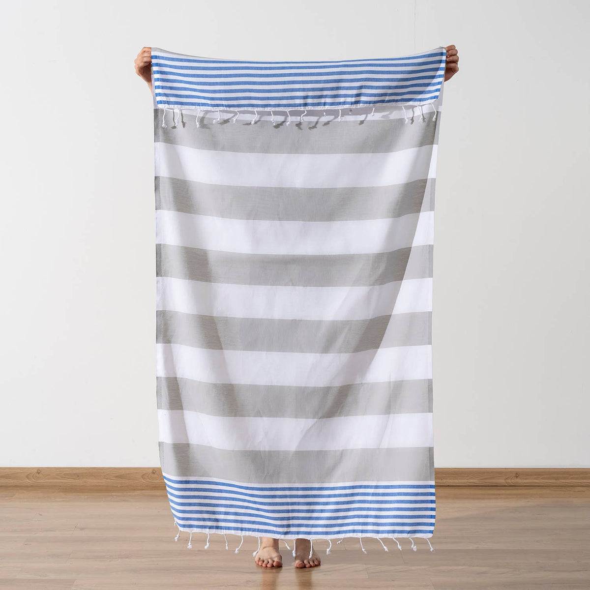 Mediterranean Turkish beach towel – Grey & Blue block stripe | Kikoya