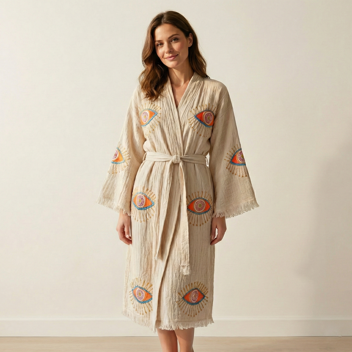 Block-print Turkish cotton kimono robe – Evil Eye Coral & Blue | Kikoya