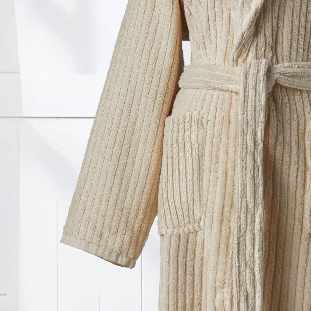 Pompom Turkish bathrobe – Natural Stripe, Shawl Collar, sleeve and texture detail | Kikoya