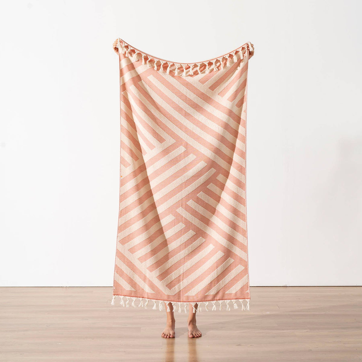 Harmony Turkish terry beach towel – Terra Cotta, full length view | Kikoya