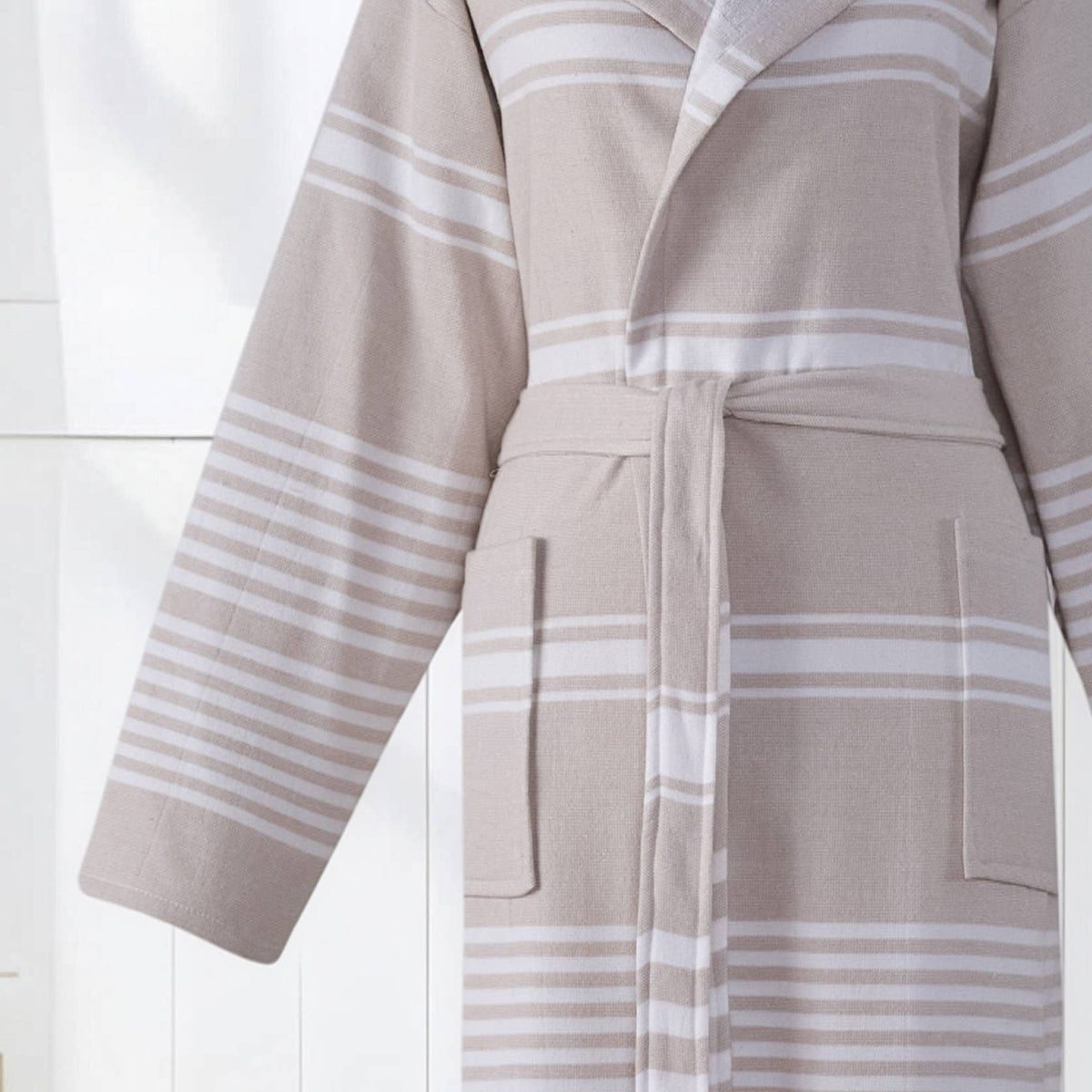Wide stripe terry-backed Turkish bathrobe – hooded | Kikoya