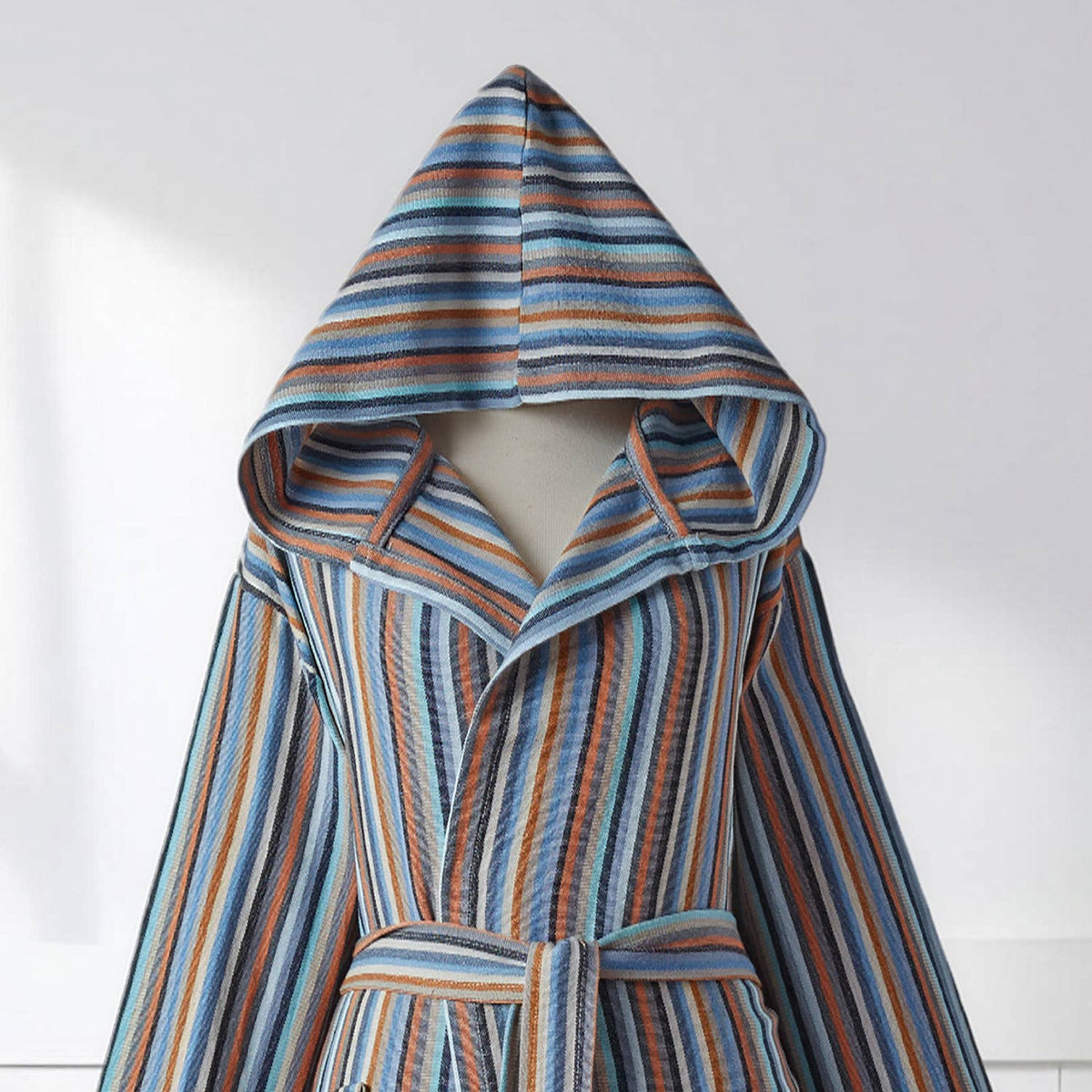 Antique Turkish hooded bathrobe – Charcoal & Teal Stripe | Kikoya