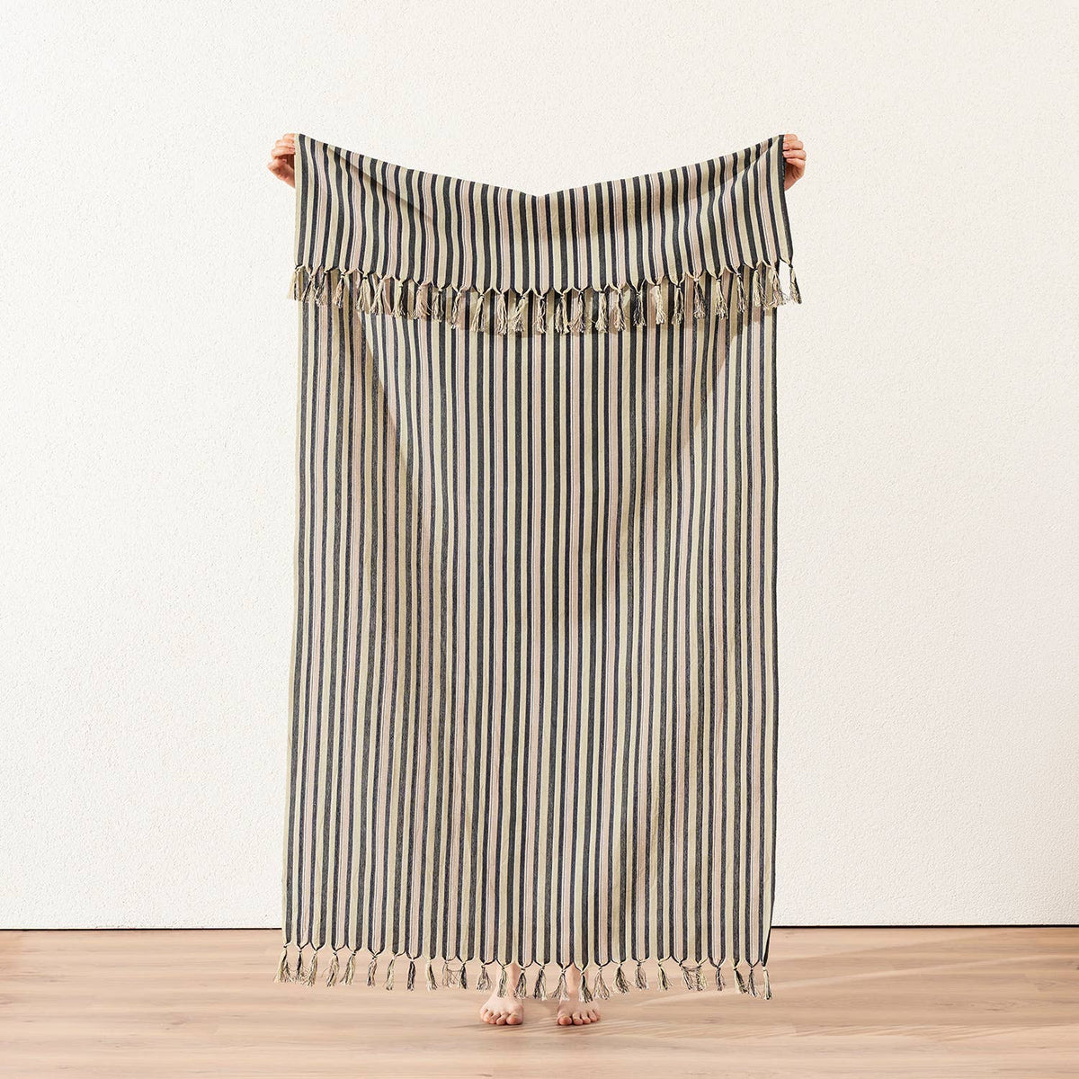 Charcoal ticking stripe Turkish peshtemal held open, 40x70 in | Kikoya