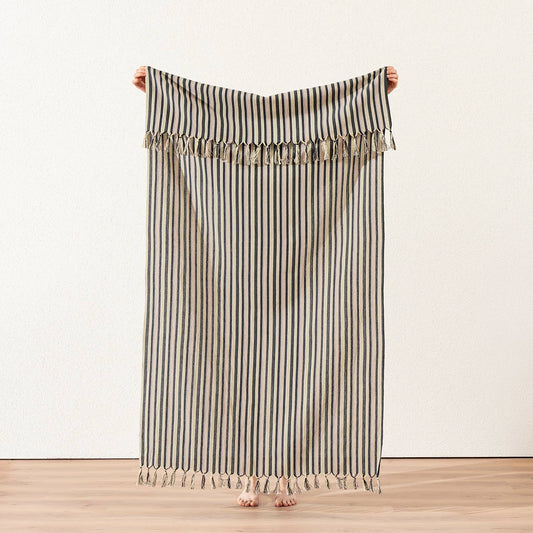 Charcoal ticking stripe Turkish peshtemal held open, 40x70 in | Kikoya