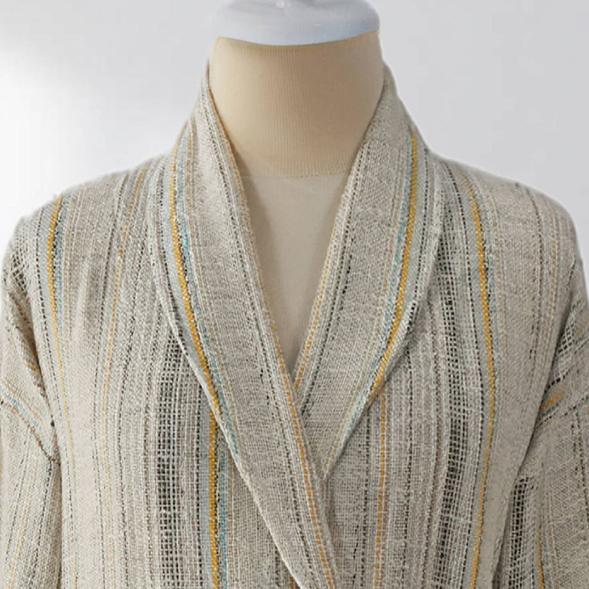 Textured stripe Turkish cotton bathrobe in olive & beige – shawl collar | Kikoya