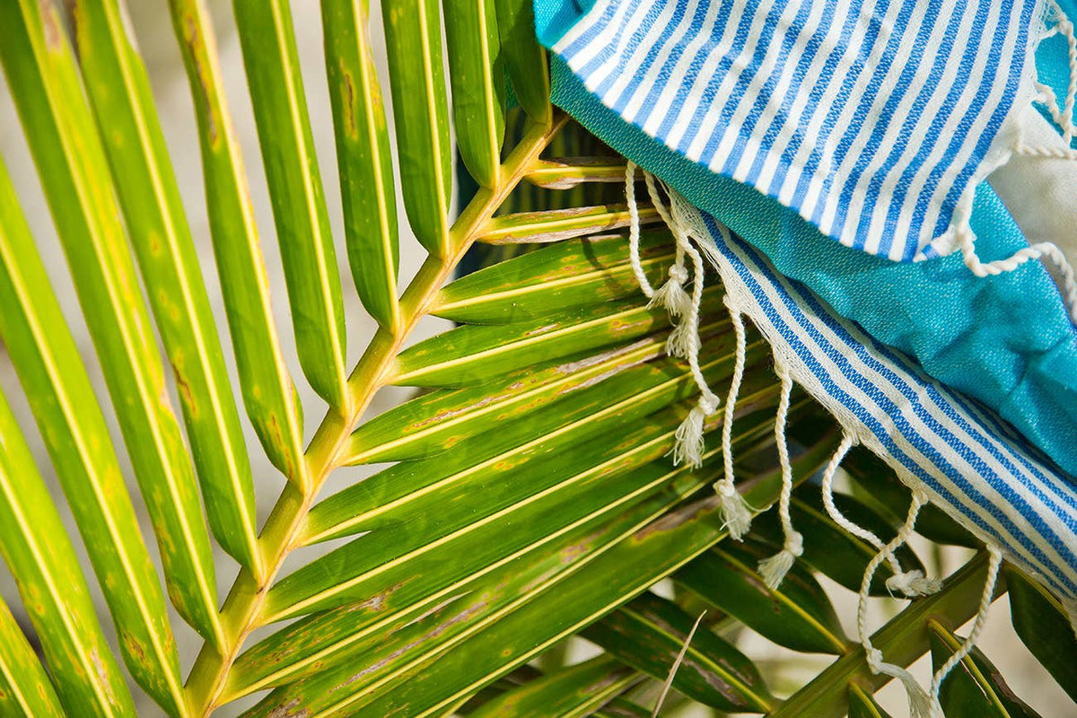 Hawaiian Turkish beach towel in pink and mint block stripe on cream, 35x70 in | Kikoya