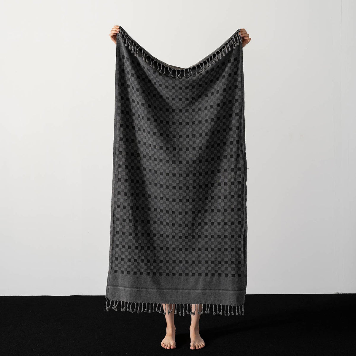 Stonewashed Turkish beach towel in a tonal checker weave, 35x66 in | Kikoya