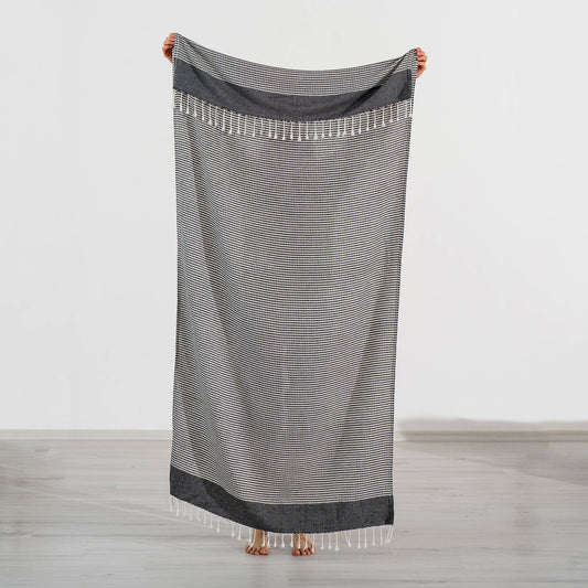 Efes Turkish beach towel in black fine stripe with knotted fringe | Kikoya