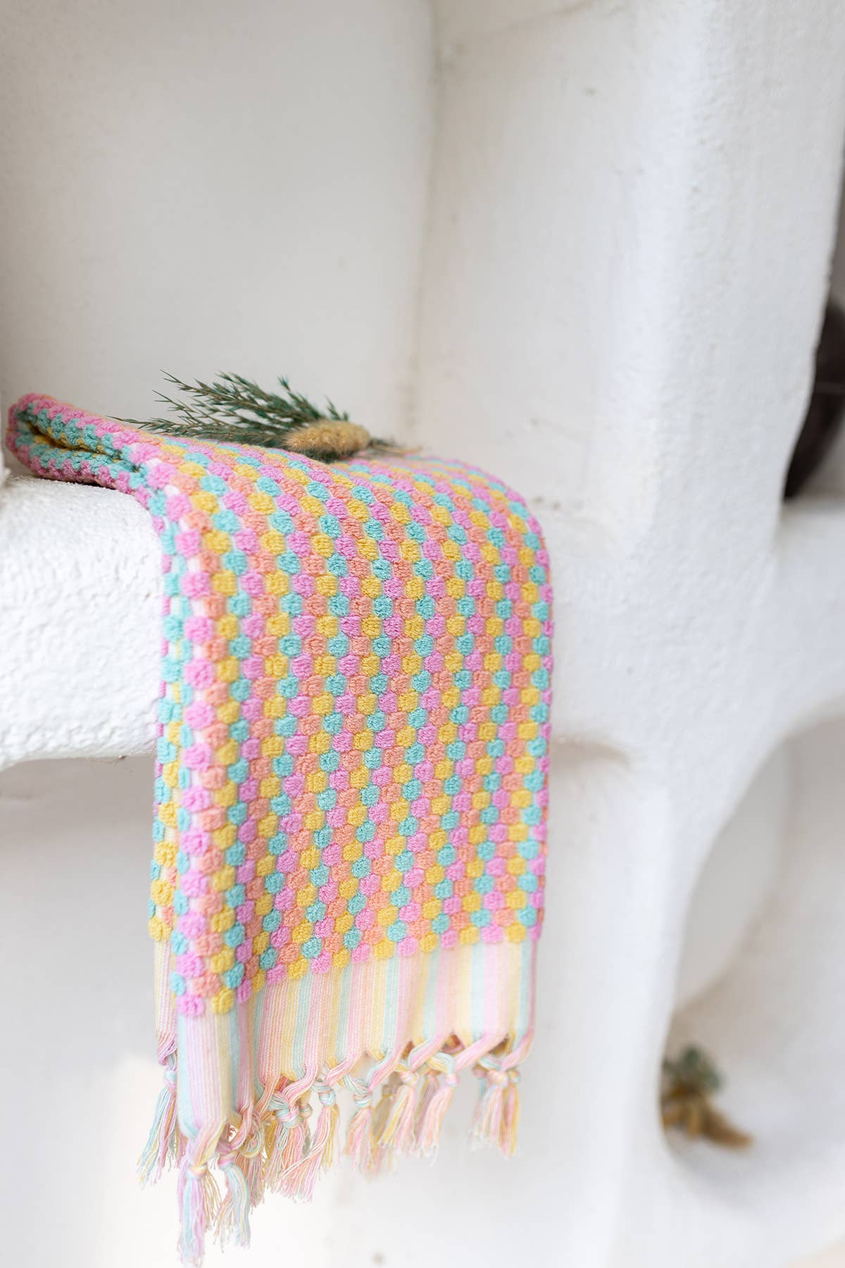 Pompom handloomed Turkish hand towel, 17x38 in, raised bubble weave with pompom fringe | Kikoya