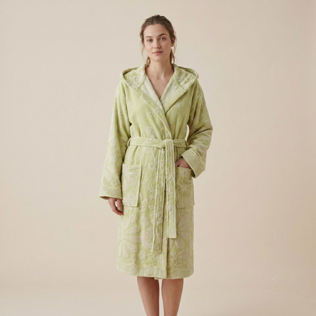 Daisy raised terry Turkish bathrobe – floral jacquard, hooded | Kikoya