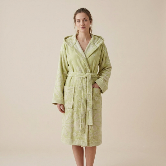 Daisy raised terry Turkish bathrobe – floral jacquard, hooded | Kikoya
