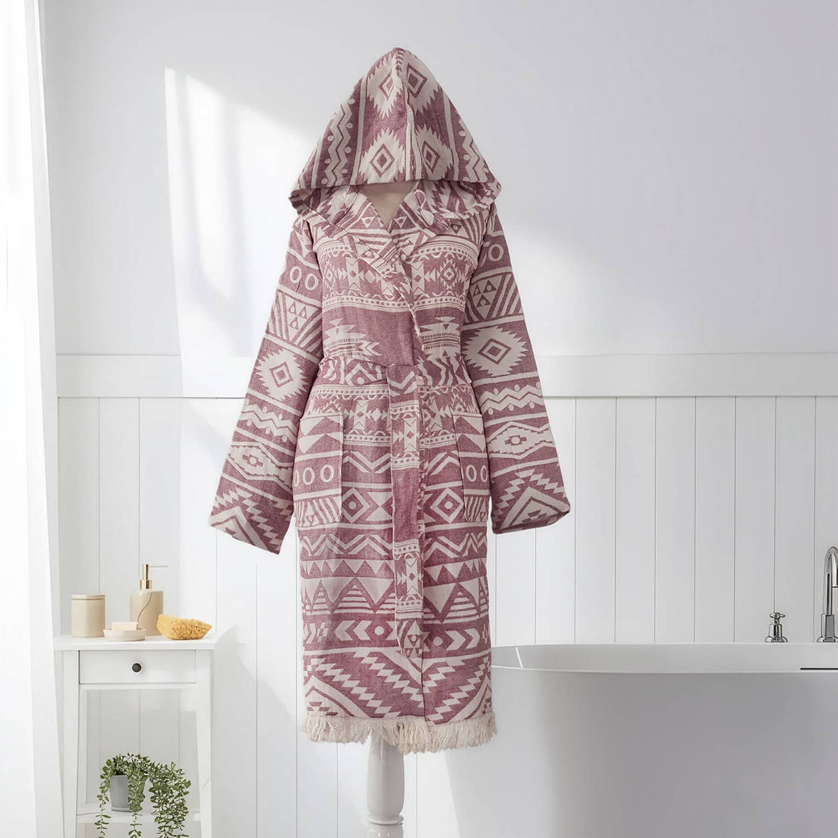 Aztec Turkish bathrobe in dusty rose – hooded, fringed hem | Kikoya