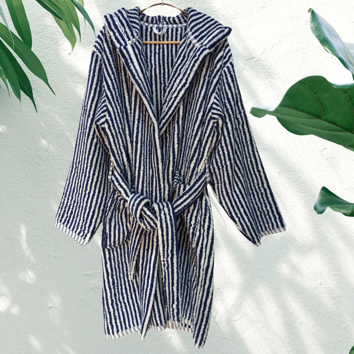 Pompom Turkish bathrobe – Navy & White Stripe, Hooded, back view | Kikoya