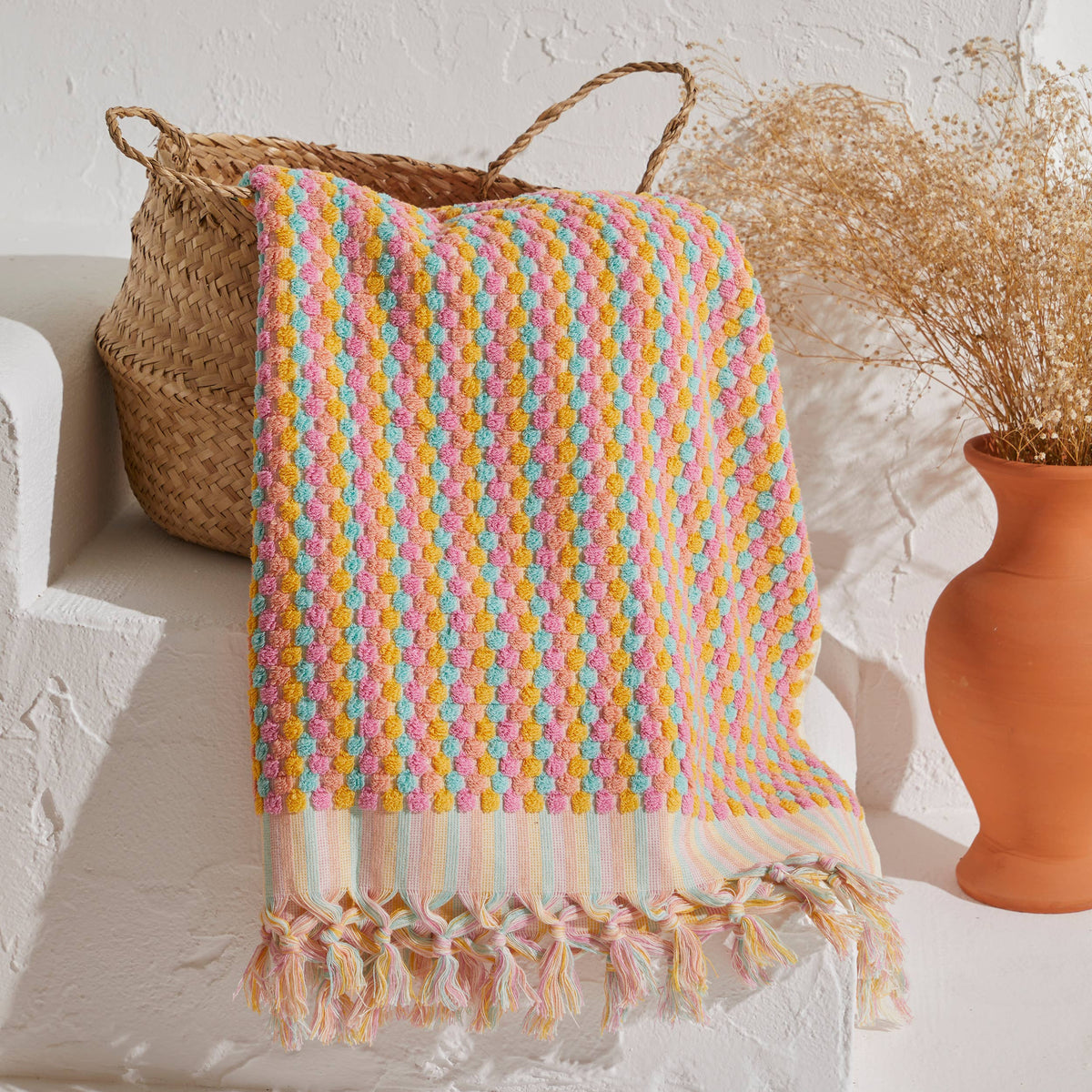 Pompom handloomed Turkish bath towel, 35x68 in, bubble weave with pompom fringe | Kikoya